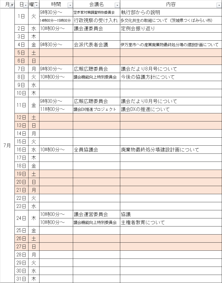 7月の予定